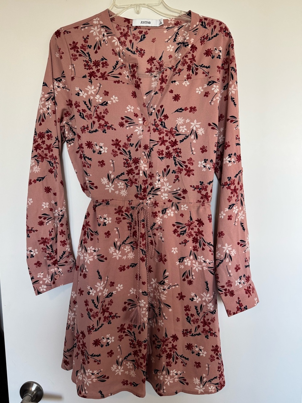 Dusty Rose Floral Long-Sleeve Tie-Waist Dress